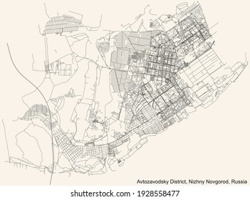 Black simple detailed street roads map on vintage beige background of the quarter Avtozavodsky District (raion) of Nizhny Novgorod, Russia