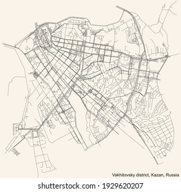 Black simple detailed street roads map on vintage beige background of the quarter Vakhitovsky district (raion) of Kazan, Russia