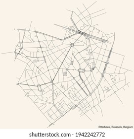 Mapa de calles sencillas y negras sobre el fondo beige vintage del barrio de Etterbeek, Bruselas, Bélgica