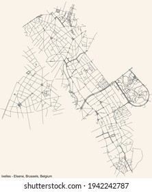 Black simple detailed street roads map on vintage beige background of the quarter Ixelles (Elsene) municipality of Brussels, Belgium