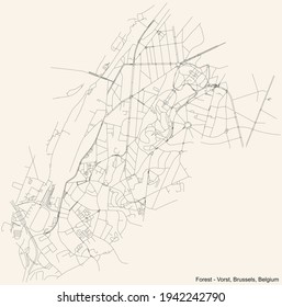 Black simple detailed street roads map on vintage beige background of the quarter Forest (Vorst) municipality of Brussels, Belgium