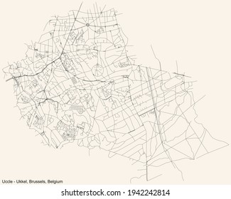 Mapa de calles sencillas y negras detalladas sobre el fondo beige vintage del barrio Uccle (Ukkel) municipio de Bruselas, Bélgica