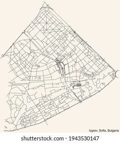 Black simple detailed street roads map on vintage beige background of the quarter Izgrev district of Sofia, Bulgaria