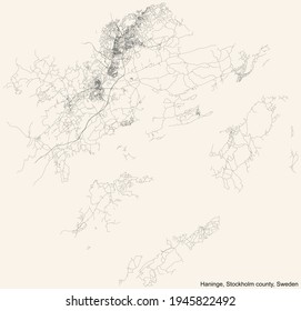 Black simple detailed street roads map on vintage beige background of the quarter Haninge municipality of Stockholm county, Sweden