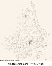 Black simple detailed street roads map on vintage beige background of the quarter Norrtälje municipality of Stockholm county, Sweden