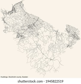 Black simple detailed street roads map on vintage beige background of the quarter Huddinge municipality of Stockholm county, Sweden