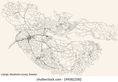 Black simple detailed street roads map on vintage beige background of the quarter Lidingö municipality of Stockholm county, Sweden