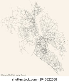 Black simple detailed street roads map on vintage beige background of the quarter Sollentuna municipality of Stockholm county, Sweden