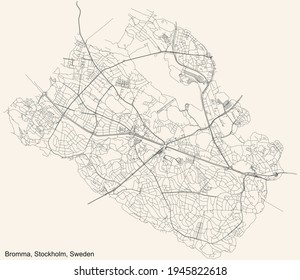 Black Simple Detailed Street Roads Map On Vintage Beige Background Of The Quarter Bromma District Of Stockholm, Sweden