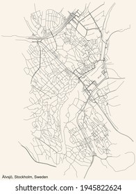 Black simple detailed street roads map on vintage beige background of the Älvsjö quarter of Stockholm, Sweden
