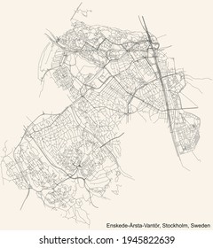 Black simple detailed street roads map on vintage beige background of the quarter Enskede-Årsta-Vantör district of Stockholm, Sweden