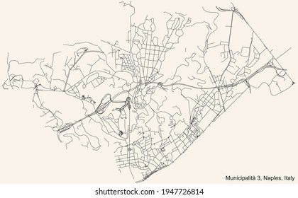 Black simple detailed street roads map on vintage beige background of the quarter 3rd municipality (San Carlo all'Arena, Stella) of Naples, Italy