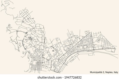 Black simple detailed street roads map on vintage beige background of the quarter 2nd municipality (Avvocata, Mercato, Montecalvario, Pendino, Porto, San Giuseppe) of Naples, Italy