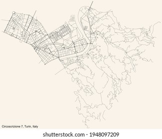 Black simple detailed street roads map on vintage beige background of the borough Circoscrizione 7 (Aurora, Vanchiglia, Sassi, Madonna del Pilone) of Turin, Italy