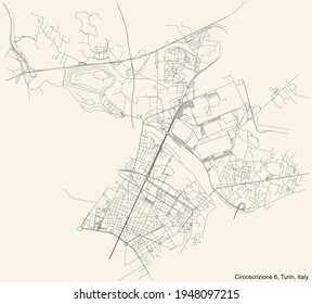 Black simple detailed street roads map on vintage beige background of the borough Circoscrizione 6 (Barriera di Milano, Regio Parco, Barca, Bertolla, Falchera, Rebaudengo, Villaretto) of Turin, Italy