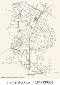 Black simple detailed street roads map on vintage beige background of the quarter 4th Arrondissement (La Blancarde, Les Chartreux, Chutes-Lavie, Cinq Avenues) of Marseille, France