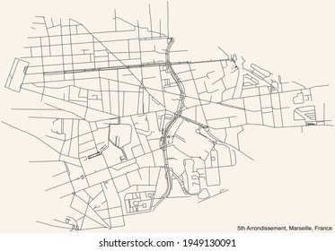 Black simple detailed street roads map on vintage beige background of the quarter 5th Arrondissement (Baille, Le Camas, La Conception, Saint-Pierre) of Marseille, France