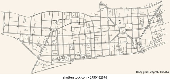 Black simple detailed street roads map on vintage beige background of the quarter Donji Grad district of Zagreb, Croatia