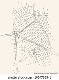 Black simple detailed street roads map on vintage beige background of the quarter Schuylerville neighborhood of the Bronx borough of New York City, USA