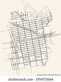 Black simple detailed street roads map on vintage beige background of the quarter Unionport neighborhood of the Bronx borough of New York City, USA