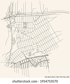 Black simple detailed street roads map on vintage beige background of the quarter Van Nest neighborhood of the Bronx borough of New York City, USA