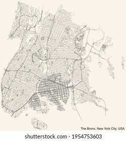 Black simple detailed street roads map on vintage beige background of the quarter Bronx borough of New York City, USA