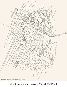 Black simple detailed street roads map on vintage beige background of the quarter Belmont neighborhood of the Bronx borough of New York City, USA