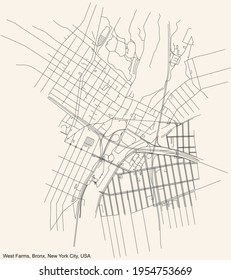 Black simple detailed street roads map on vintage beige background of the quarter West Farms neighborhood of the Bronx borough of New York City, USA