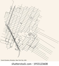Black simple detailed street roads map on vintage beige background of the quarter Carroll Gardens neighborhood of the Brooklyn borough of New York City, USA