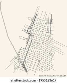 Black simple detailed street roads map on vintage beige background of the quarter Cobble Hill neighborhood of the Brooklyn borough of New York City, USA