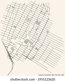 Black simple detailed street roads map on vintage beige background of the quarter Gowanus neighborhood of the Brooklyn borough of New York City, USA