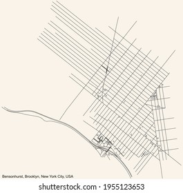 Black simple detailed street roads map on vintage beige background of the quarter Bensonhurst neighborhood of the Brooklyn borough of New York City, USA