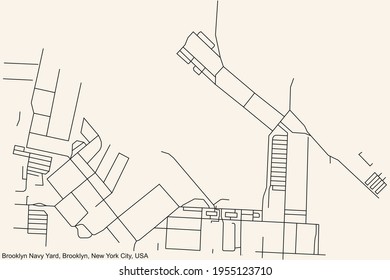 Black simple detailed street roads map on vintage beige background of the quarter Brooklyn Navy Yard neighborhood of the Brooklyn borough of New York City, USA