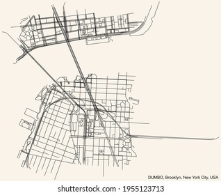 Black simple detailed street roads map on vintage beige background of the quarter DUMBO neighborhood of the Brooklyn borough of New York City, USA