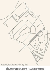 Black simple detailed street roads map on vintage beige background of the quarter Marble Hill neighborhood of the Manhattan borough of New York City, USA