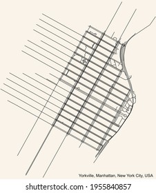 Black simple detailed street roads map on vintage beige background of the quarter Yorkville neighborhood of the Manhattan borough of New York City, USA