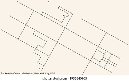 Black simple detailed street roads map on vintage beige background of the quarter Rockefeller Center neighborhood of the Manhattan borough of New York City, USA