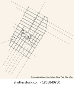Black simple detailed street roads map on vintage beige background of the quarter Greenwich Village neighborhood of the Manhattan borough of New York City, USA