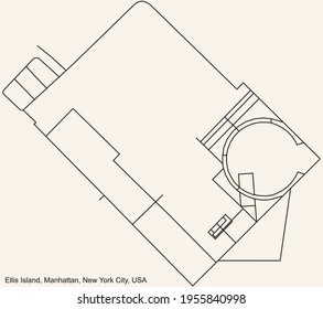 Black Simple Detailed Street Roads Map On Vintage Beige Background Of The Quarter Ellis Island Neighborhood Of The Manhattan Borough Of New York City, USA