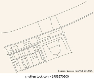 Black simple detailed street roads map on vintage beige background of the quarter Seaside neighborhood of the Queens borough of New York City, USA