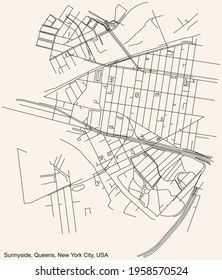 Black simple detailed street roads map on vintage beige background of the quarter Sunnyside neighborhood of the Queens borough of New York City, USA