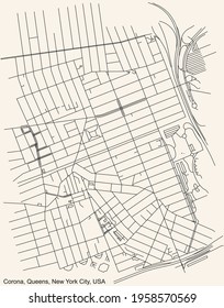 Black simple detailed street roads map on vintage beige background of the quarter Corona neighborhood of the Queens borough of New York City, USA