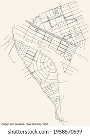 Black simple detailed street roads map on vintage beige background of the quarter Rego Park neighborhood of the Queens borough of New York City, USA