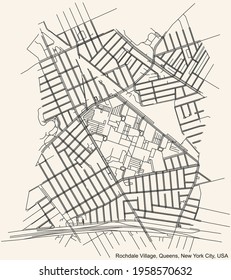 Black simple detailed street roads map on vintage beige background of the quarter Rochdale Village neighborhood of the Queens borough of New York City, USA