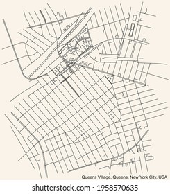 Black simple detailed street roads map on vintage beige background of the quarter Queens Village neighborhood of the Queens borough of New York City, USA