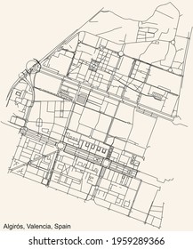 Black simple detailed street roads map on vintage beige background of the quarter Algirós district of Valencia, Spain