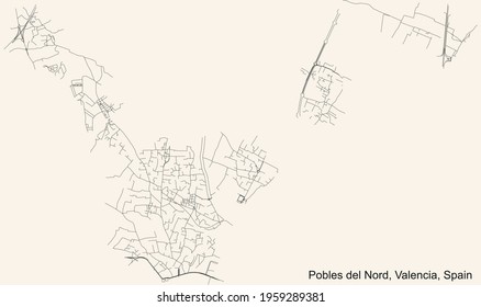 Black simple detailed street roads map on vintage beige background of the quarter Pobles del Nord district of Valencia, Spain