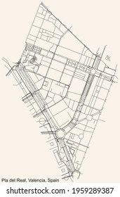 Black simple detailed street roads map on vintage beige background of the quarter Pla del Real district of Valencia, Spain