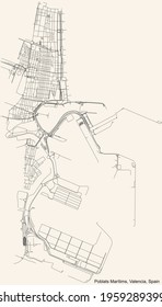 Black simple detailed street roads map on vintage beige background of the quarter Poblats Marítims district of Valencia, Spain