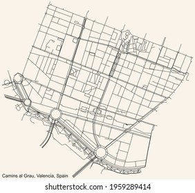 Black simple detailed street roads map on vintage beige background of the quarter Camins del Grau district of Valencia, Spain